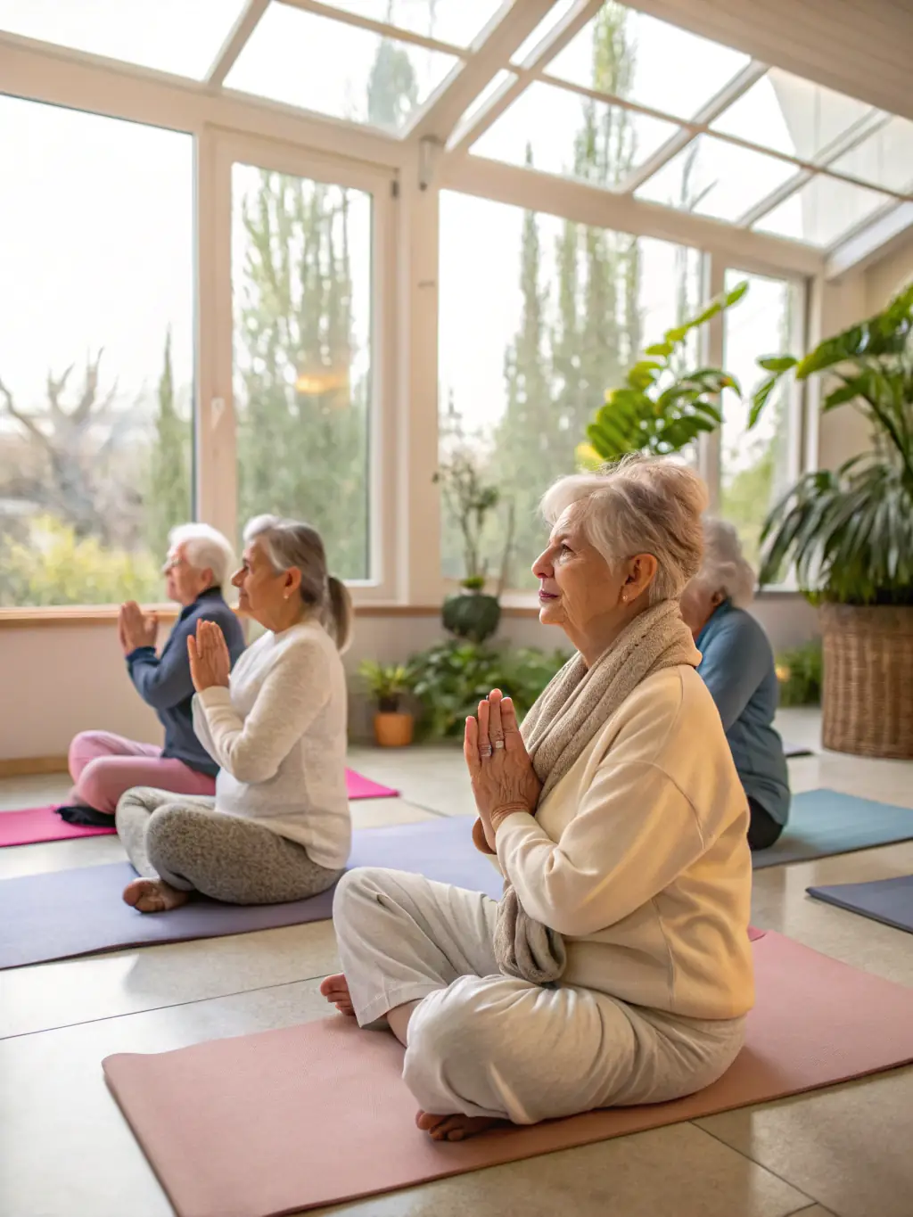 Seniors participating in a gentle exercise class at the OCB library, promoting physical and mental well-being in a supportive community setting.