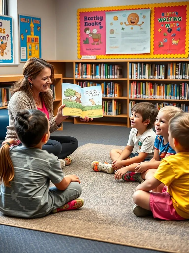 A group of young children participating in a storytelling session at the OCB library, with a librarian reading aloud from a colorful picture book.
