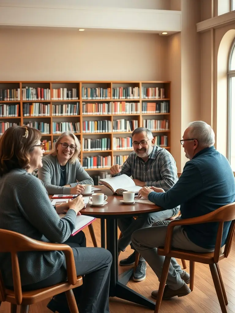 Adults attending a book club meeting at the OCB library, discussing the latest read with enthusiasm and sharing their perspectives.
