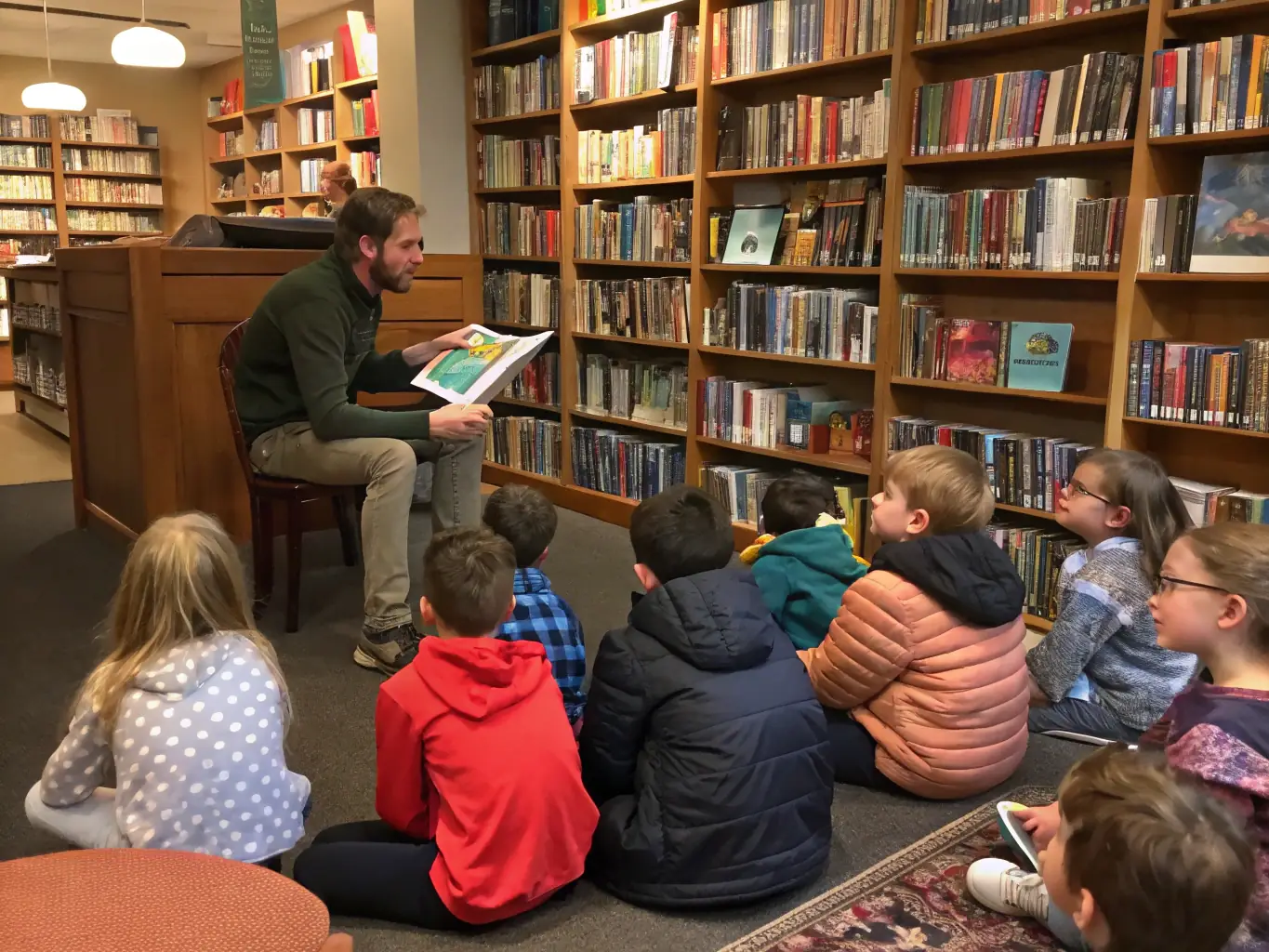 A vibrant image depicting children participating in a storytelling session at the OCB, with a librarian reading aloud from a colorful picture book. The scene is set in a cozy corner of the library, filled with comfortable seating and engaging decorations.