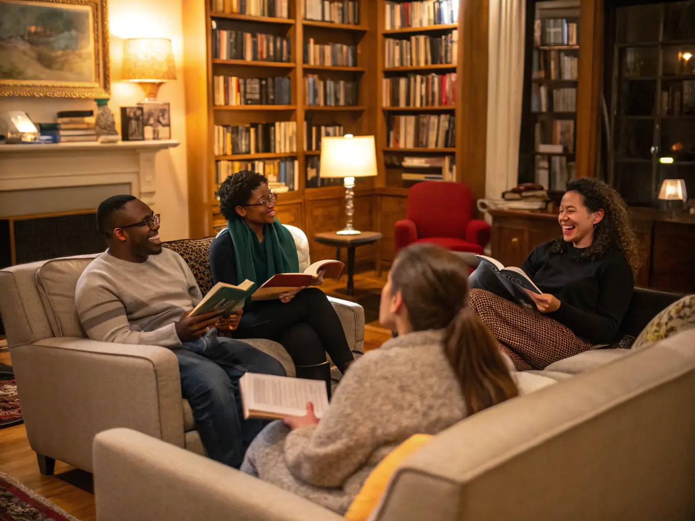 A photograph showcasing a group of adults attending a book club meeting at the OCB, discussing a novel with enthusiasm. The setting is a well-lit and inviting meeting room, with books and refreshments on the table.