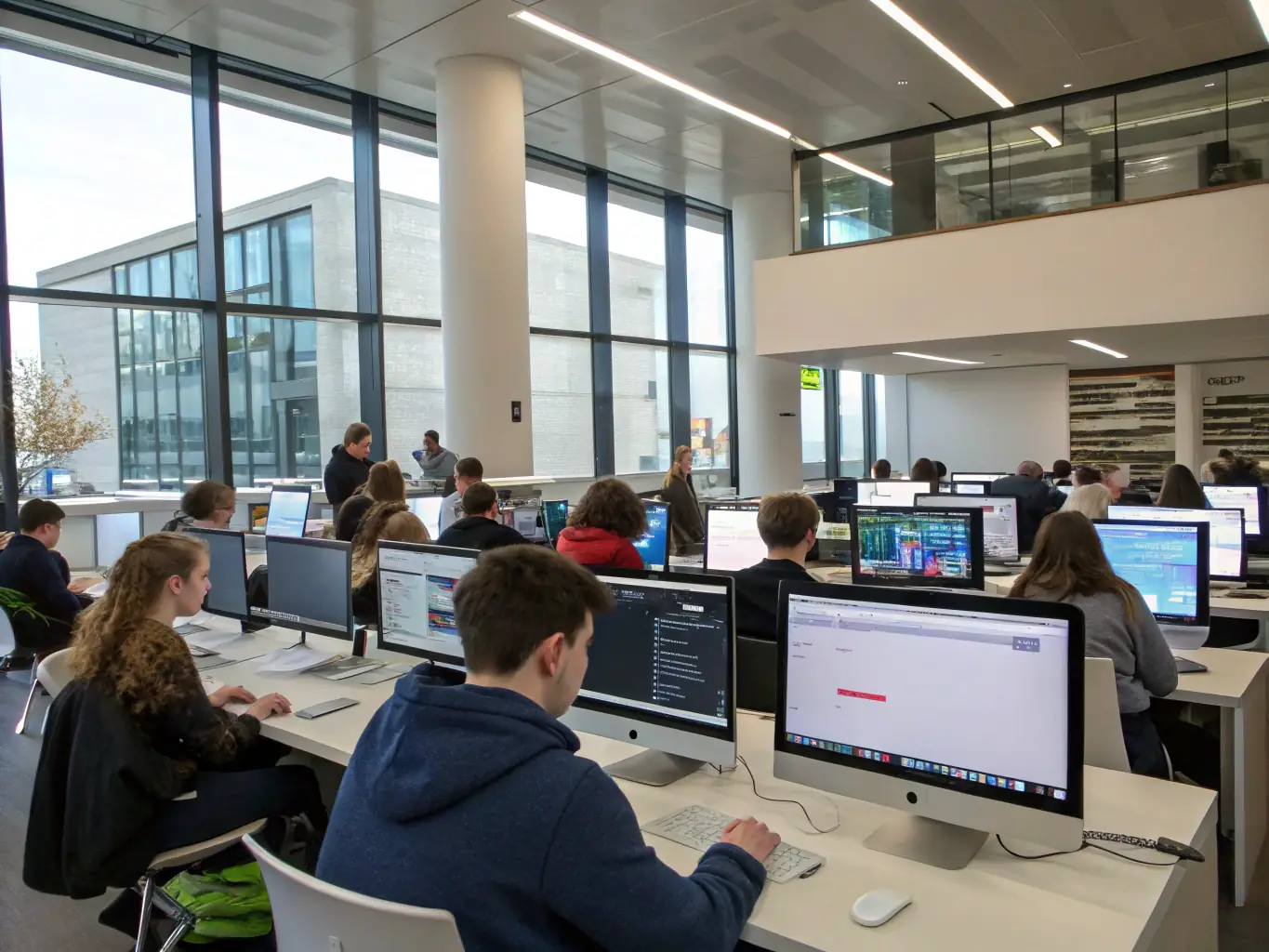An image of a computer lab at the OCB, with teenagers participating in a digital literacy workshop. The scene shows them actively engaged with computers, learning new skills under the guidance of an instructor.